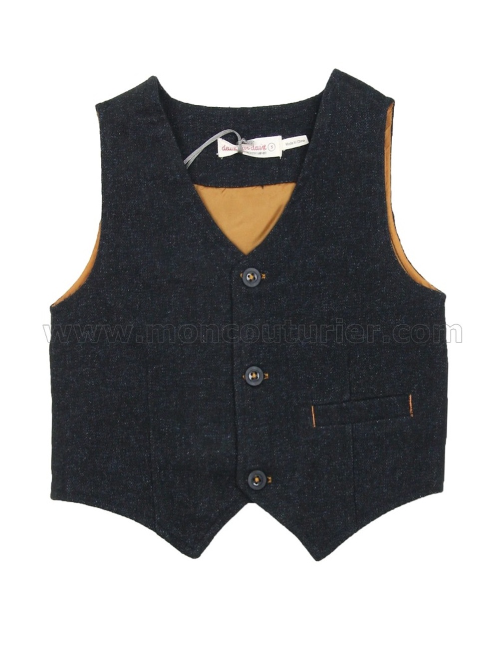 Size 10 Boys deux par deux Dark Navy Tweed Vest with Tan Lining